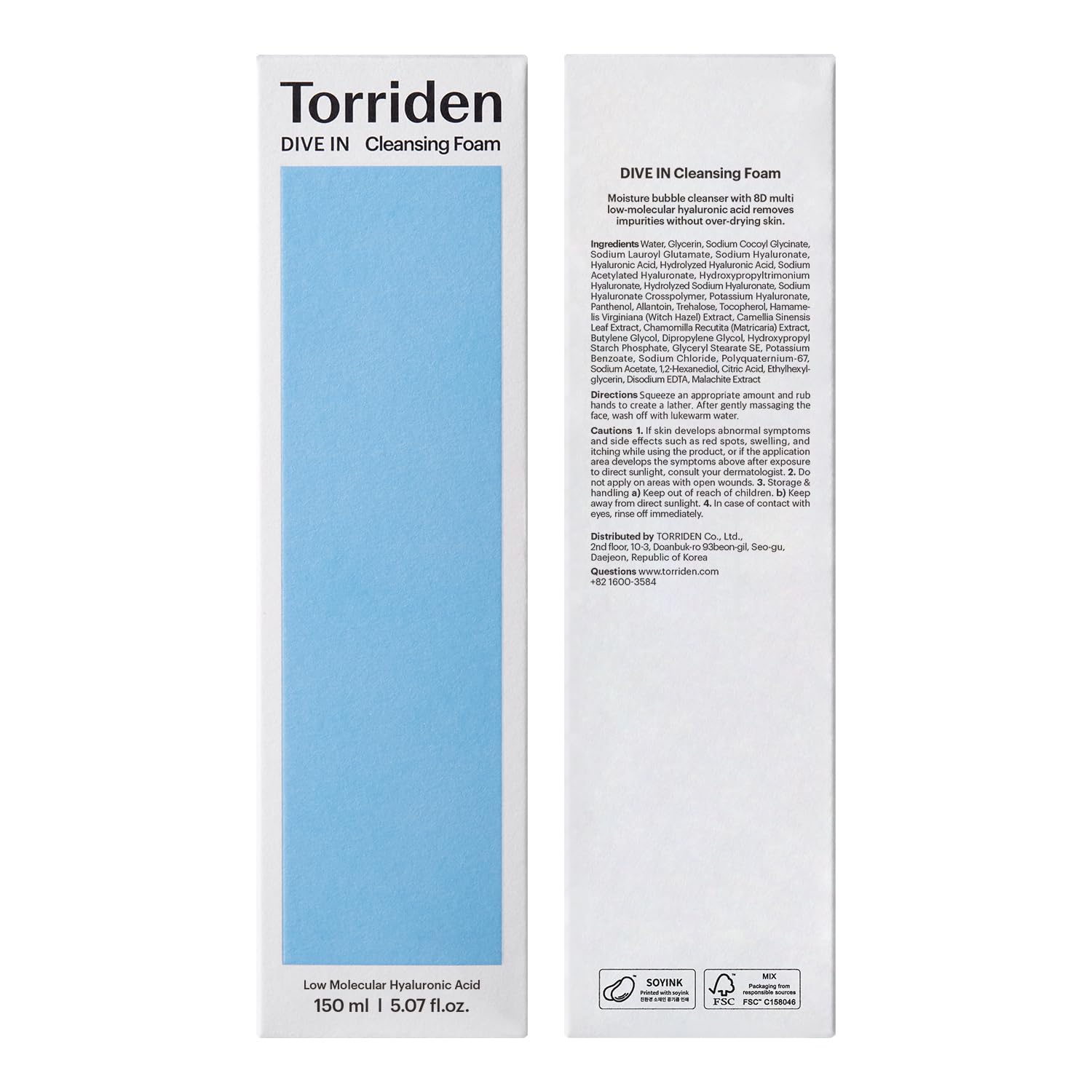 Torriden – Dive-in Low Molecular Hyaluronic Acid Cleansing Foam - veido prausiklis su hialurono rūgštimi
