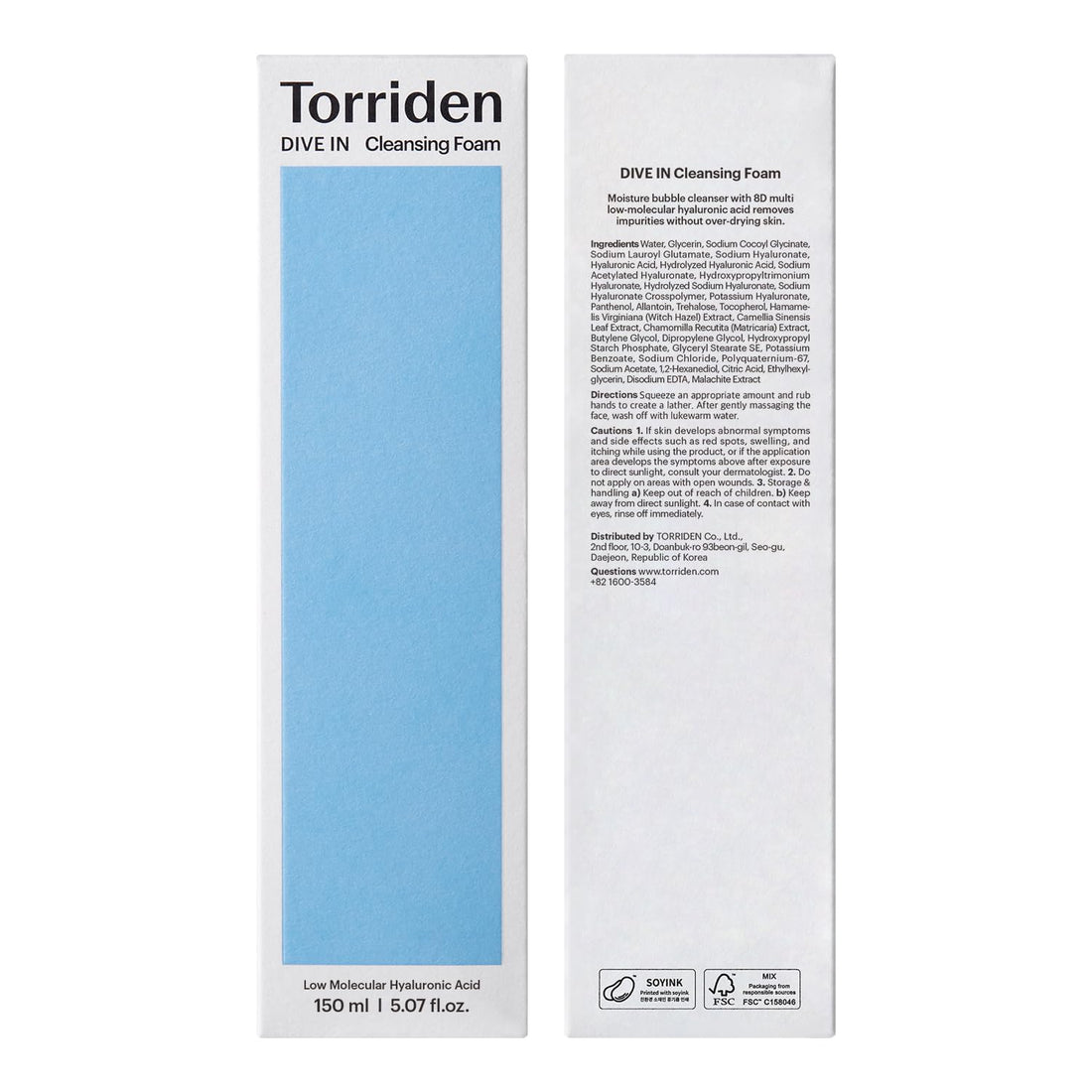 Torriden – Dive-in Low Molecular Hyaluronic Acid Cleansing Foam - veido prausiklis su hialurono rūgštimi