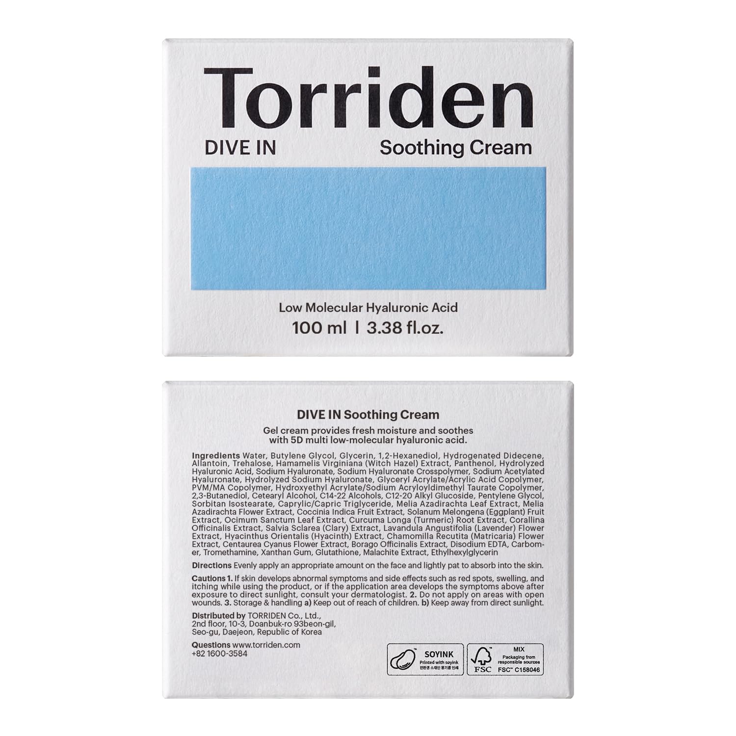 Torriden – Dive-in Low Molecular Hyaluronic Acid Soothing Cream - veido kremas su hialuronu