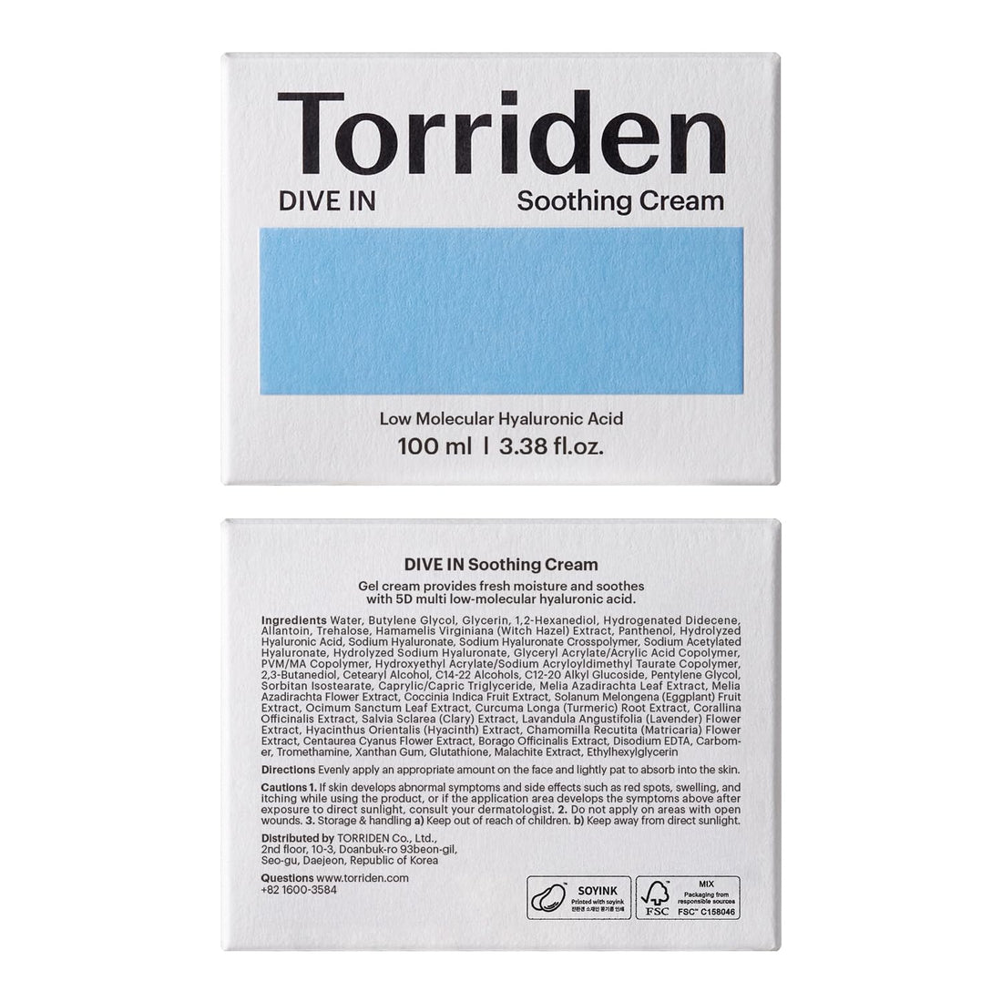 Torriden – Dive-in Low Molecular Hyaluronic Acid Soothing Cream - veido kremas su hialuronu