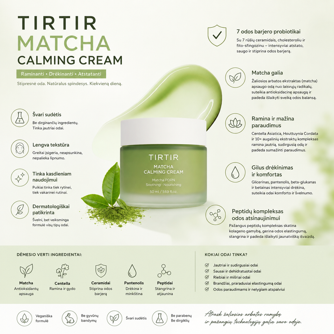 TIRTIR – Matcha Calming Cream - raminamasis veido kremas su matcha ekstraktu