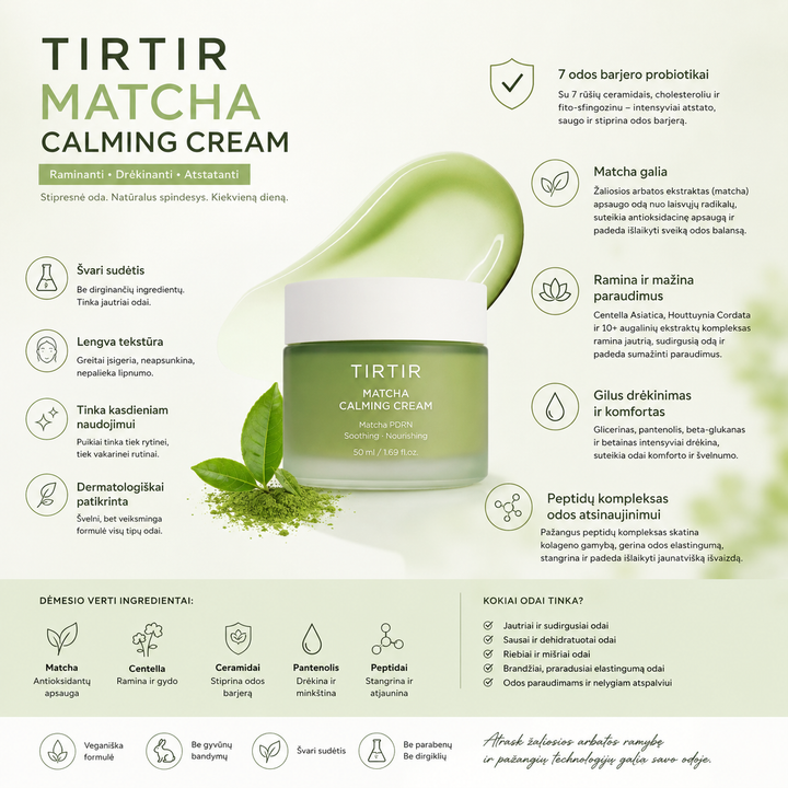 TIRTIR – Matcha Calming Cream - raminamasis veido kremas su matcha ekstraktu